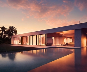 日暮黄昏别墅夜景摄影图片